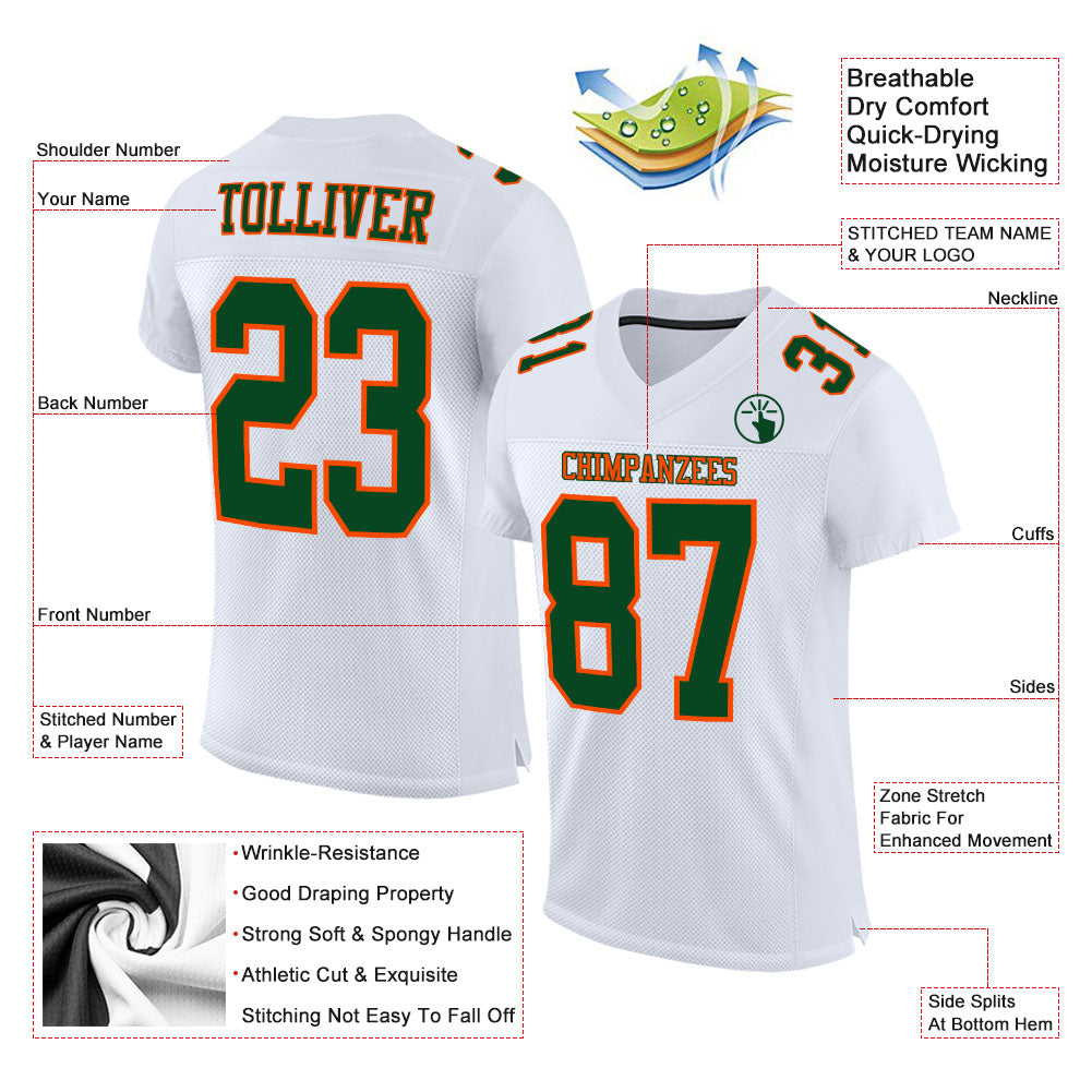 Custom White Green-Orange Mesh Authentic Football Jersey view 2