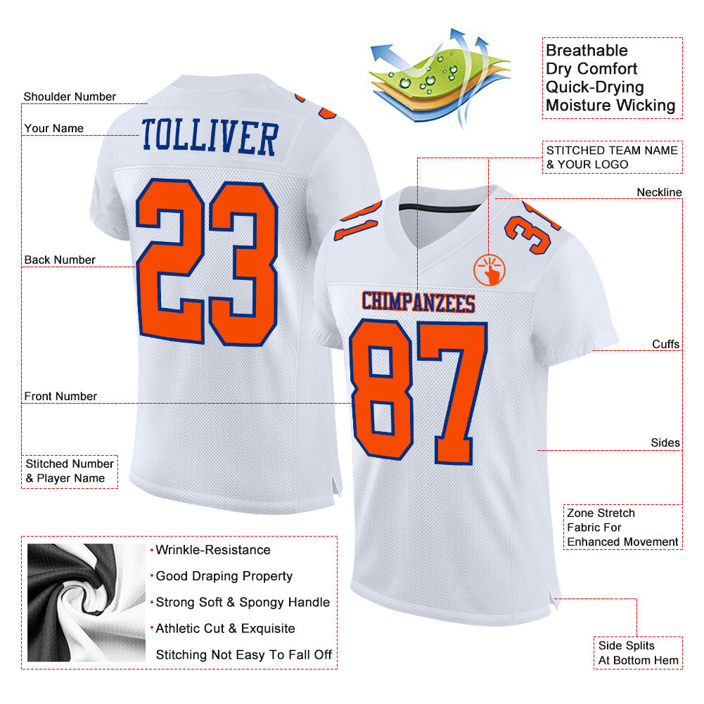 Custom White Orange-Royal Mesh Authentic Football Jersey view 2