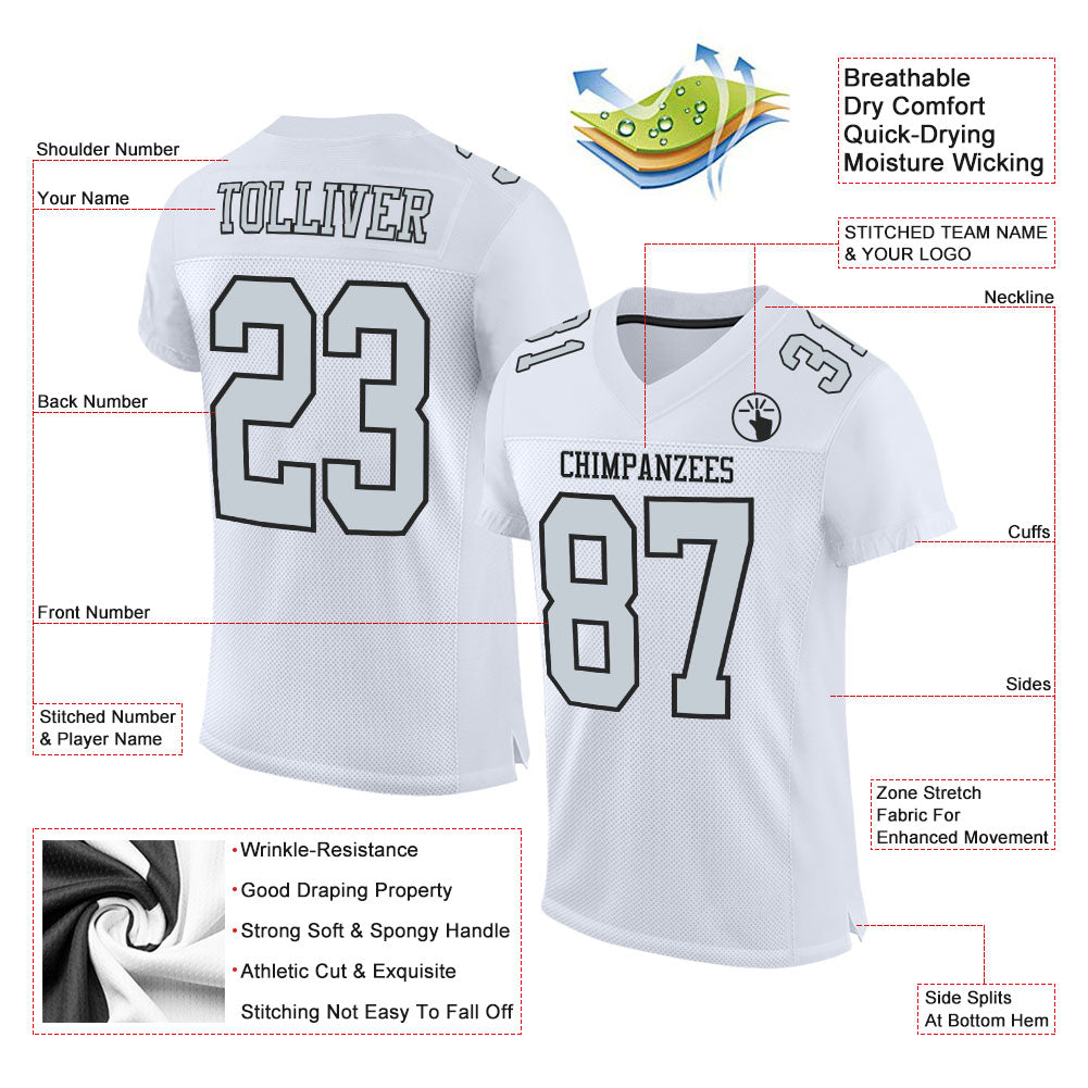 Custom White Silver-Black Mesh Authentic Football Jersey view 2