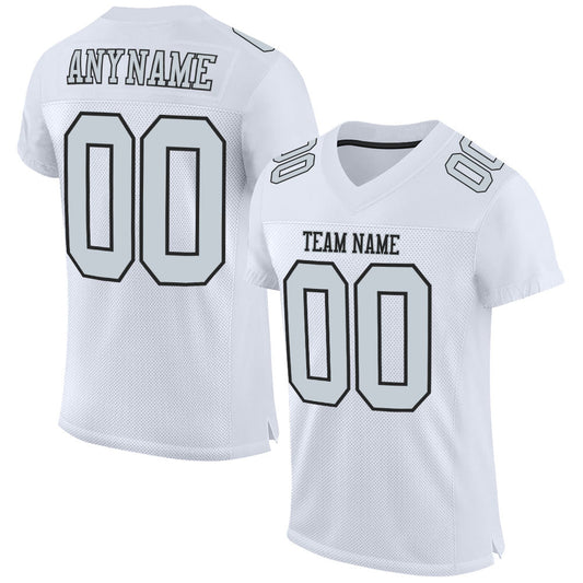 Custom White Silver-Black Mesh Authentic Football Jersey - Main View