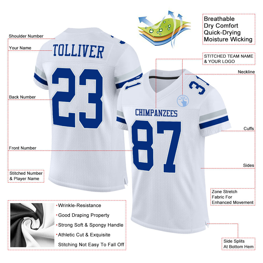 Custom White Royal-Silver Mesh Authentic Football Jersey view 2