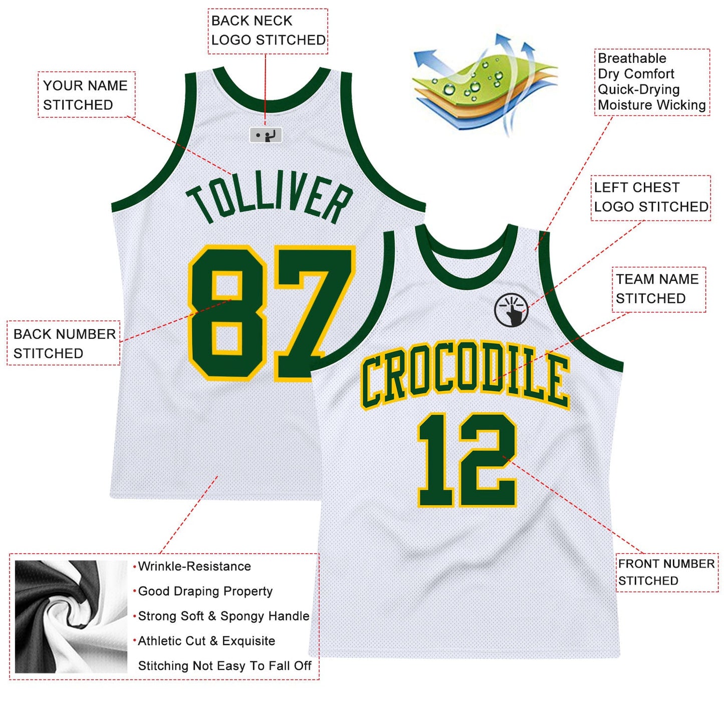 Custom White Green-Gold Authentic Throwback Basketball Jersey view 3