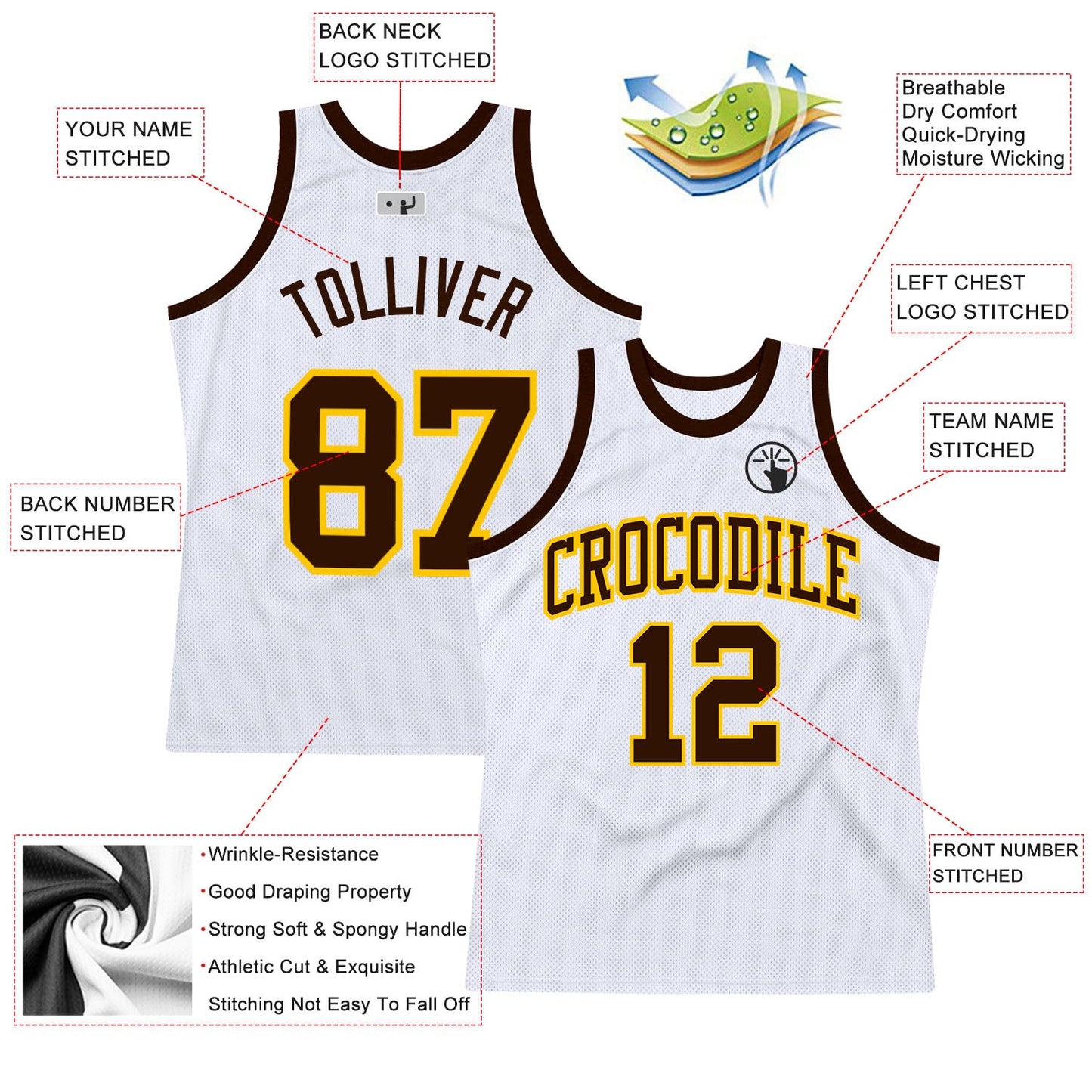 Custom White Brown-Gold Authentic Throwback Basketball Jersey view 2