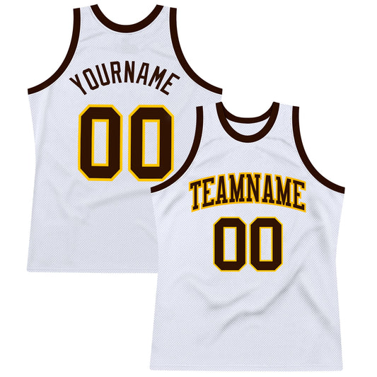 Custom White Brown-Gold Authentic Throwback Basketball Jersey - Main View