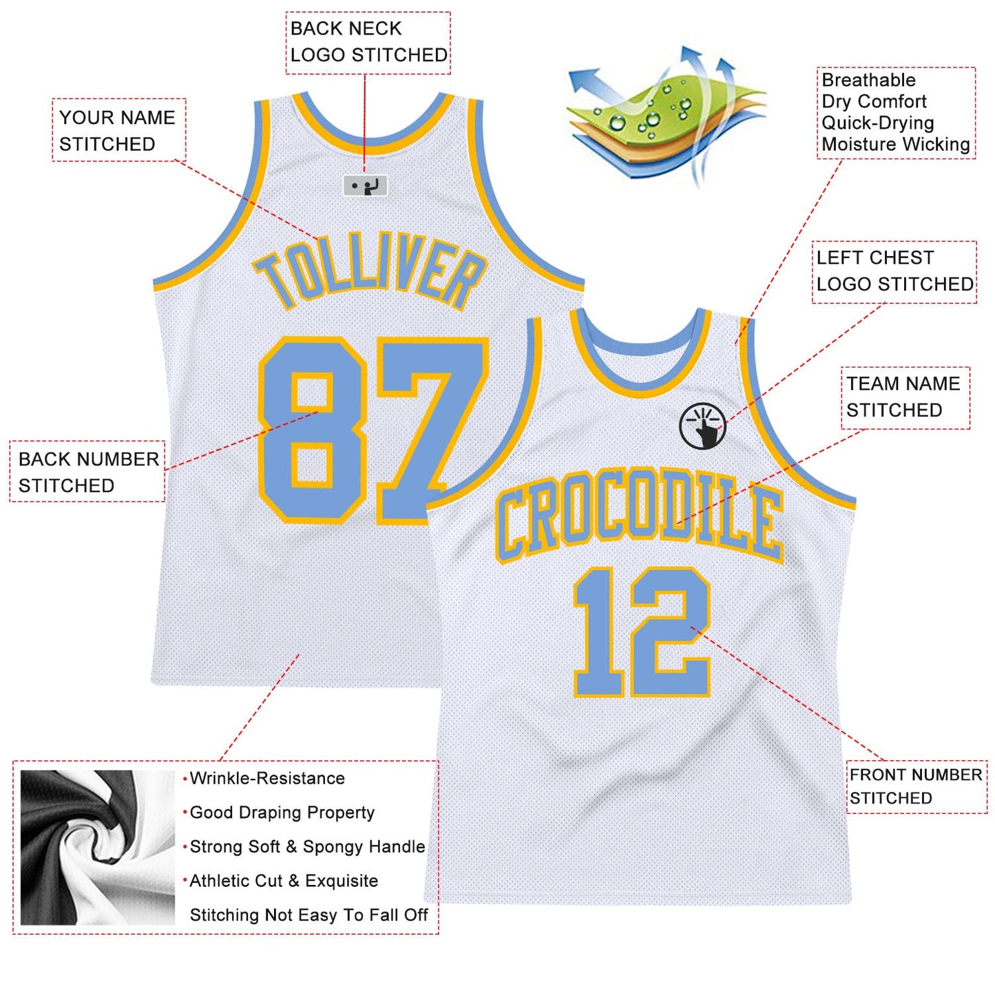Custom White Light Blue-Gold Authentic Throwback Basketball Jersey view 2
