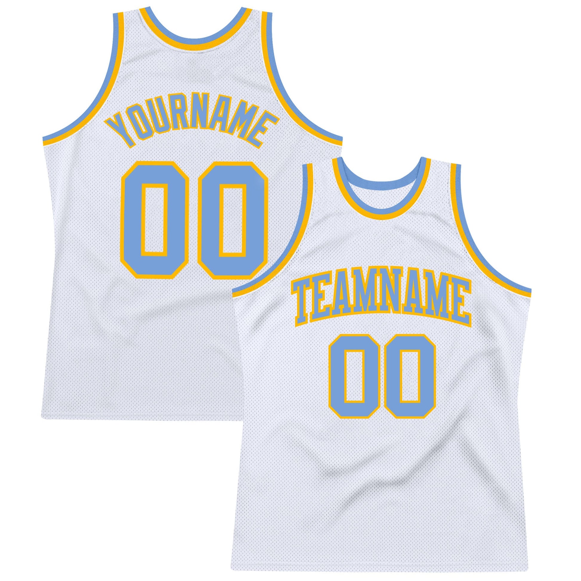 Custom White Light Blue-Gold Authentic Throwback Basketball Jersey - Main View
