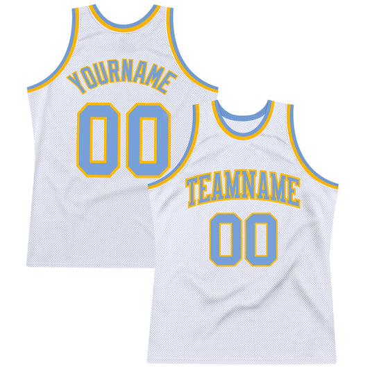 Custom White Light Blue-Gold Authentic Throwback Basketball Jersey - Main View