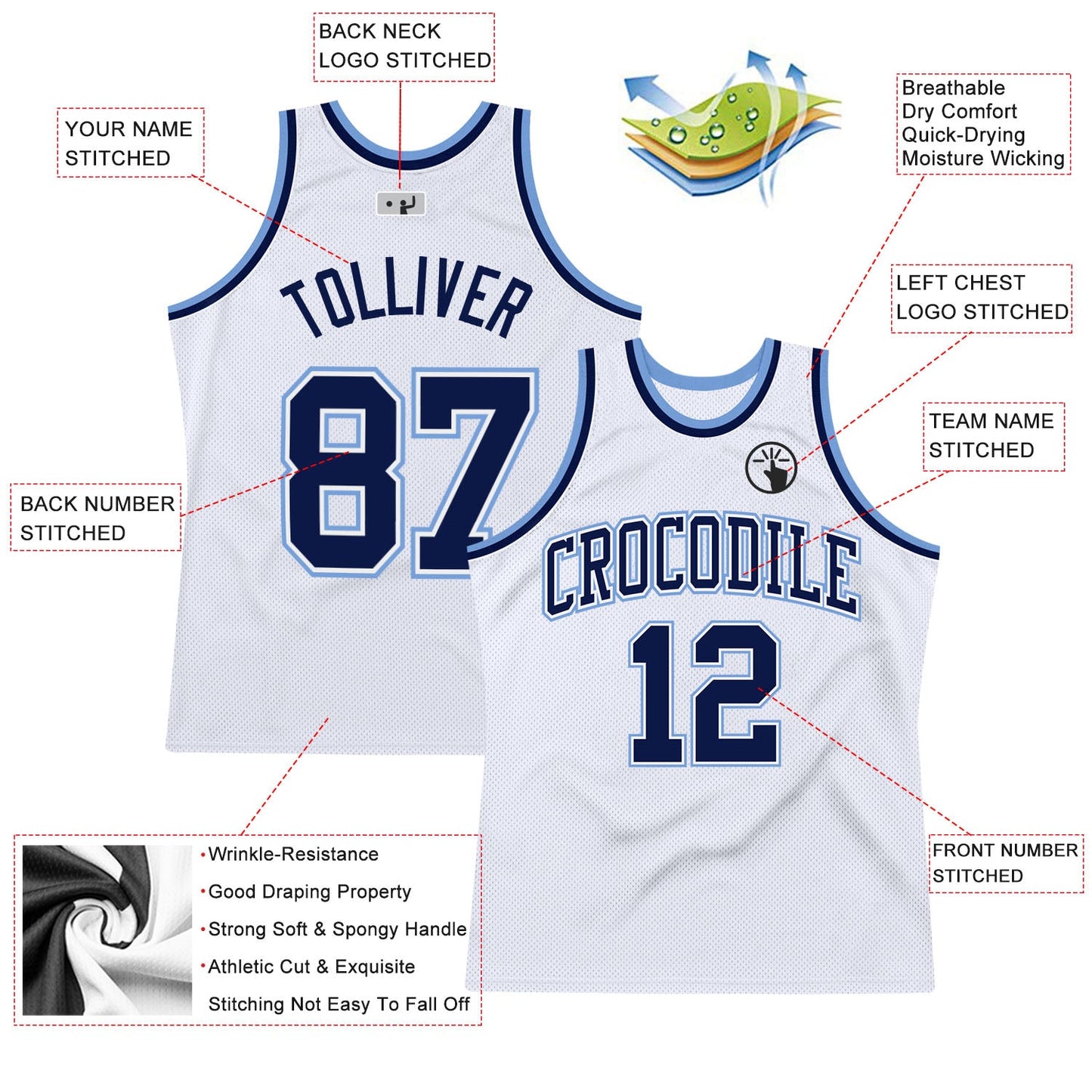 Custom White Navy-Light Blue Authentic Throwback Basketball Jersey view 2