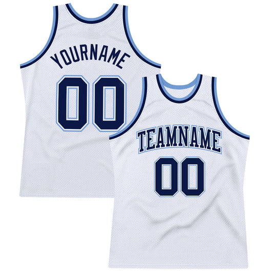 Custom White Navy-Light Blue Authentic Throwback Basketball Jersey - Main View