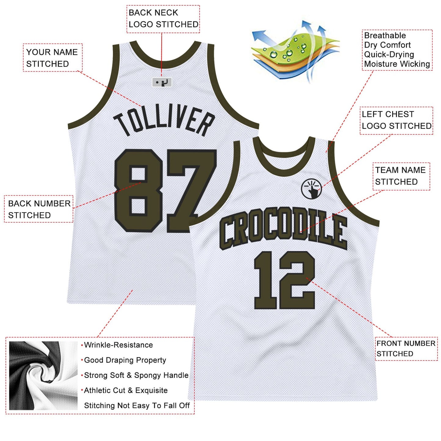 Custom White Olive-Black Authentic Throwback Basketball Jersey view 2