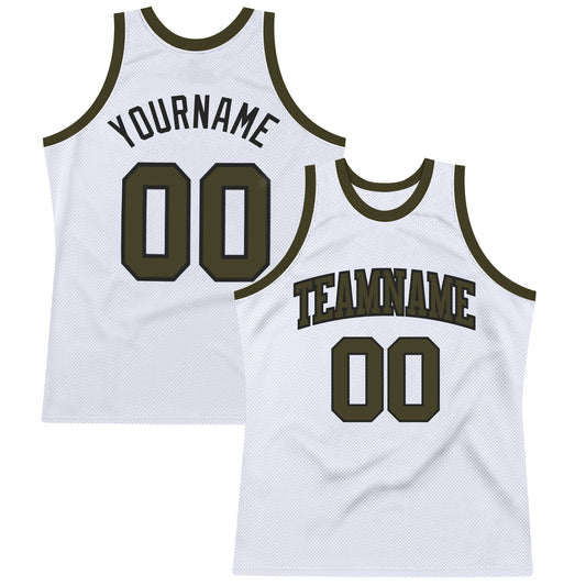 Custom White Olive-Black Authentic Throwback Basketball Jersey - Main View