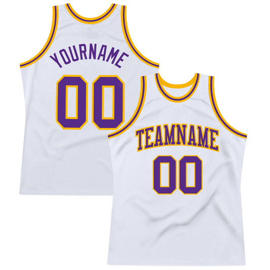 Custom White Purple-Gold Authentic Throwback Basketball Jersey - Main View