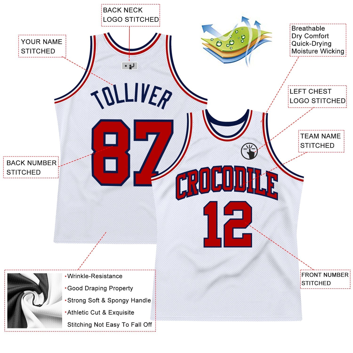 Custom White Red-Navy Authentic Throwback Basketball Jersey view 2