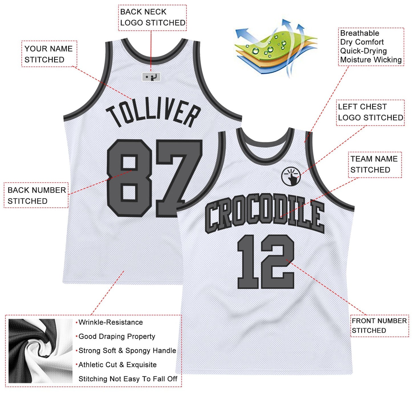 Custom White Steel Gray-Black Authentic Throwback Basketball Jersey view 2