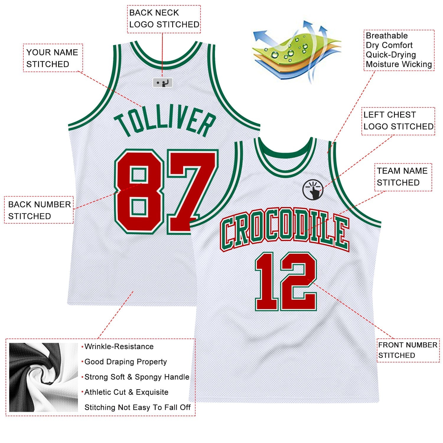 Custom White Red-Kelly Green Authentic Throwback Basketball Jersey view 2