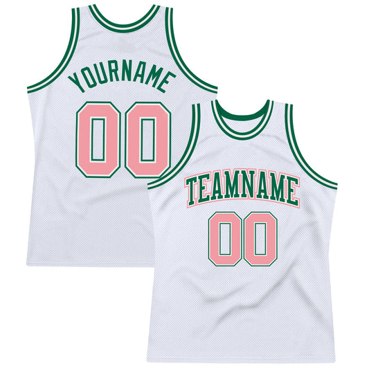 Custom White Medium Pink-Kelly Green Authentic Throwback Basketball Jersey - Main View