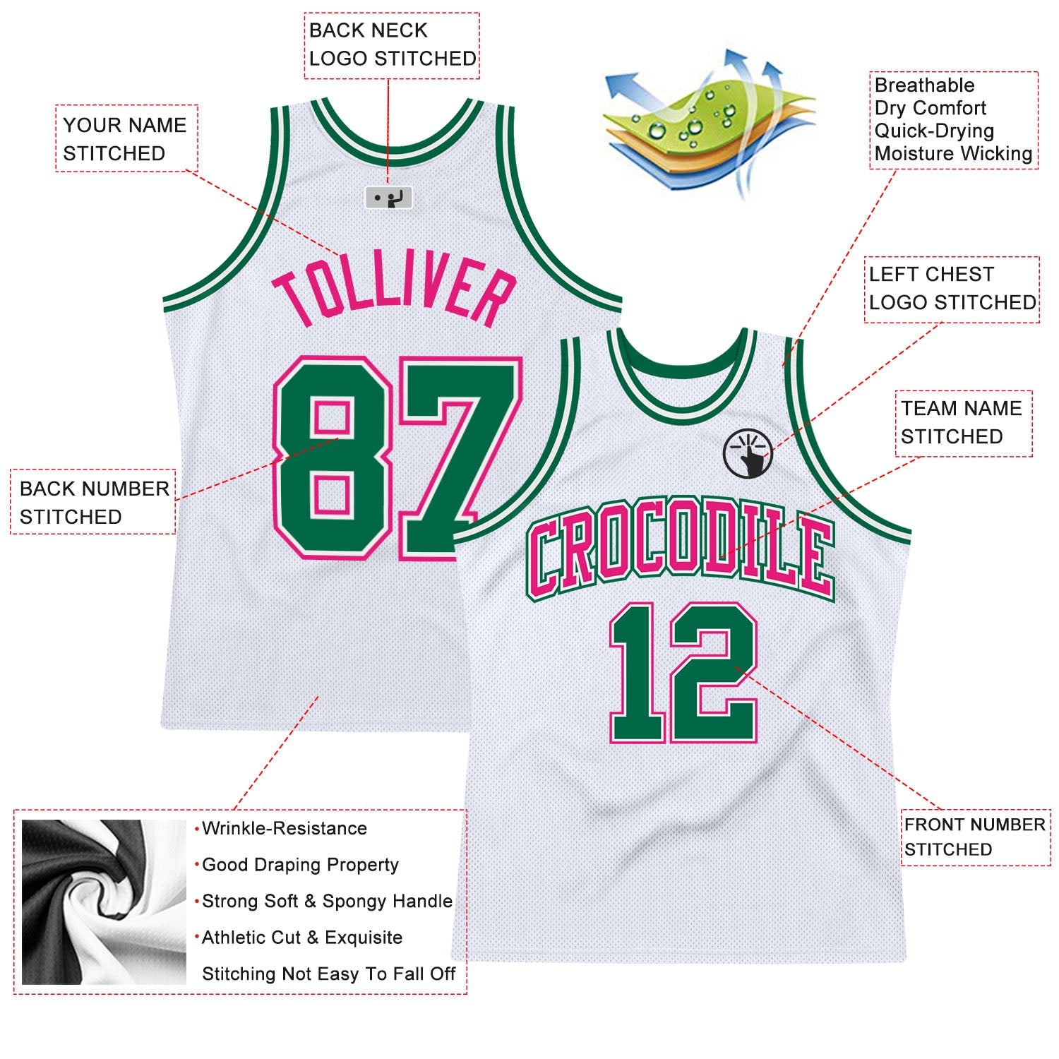 Custom White Kelly Green-Hot Pink Authentic Throwback Basketball Jersey view 2