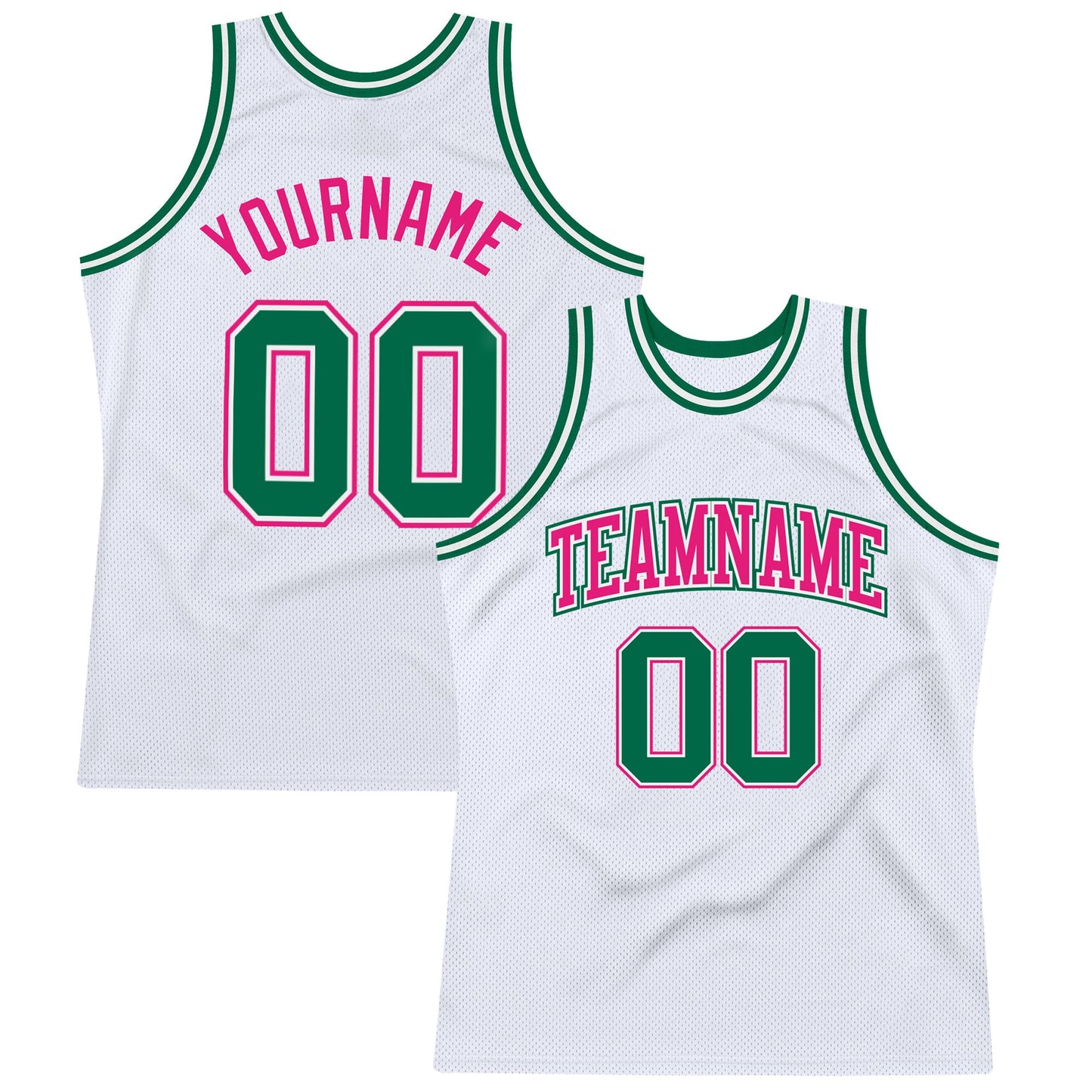 Custom White Kelly Green-Hot Pink Authentic Throwback Basketball Jersey - Main View