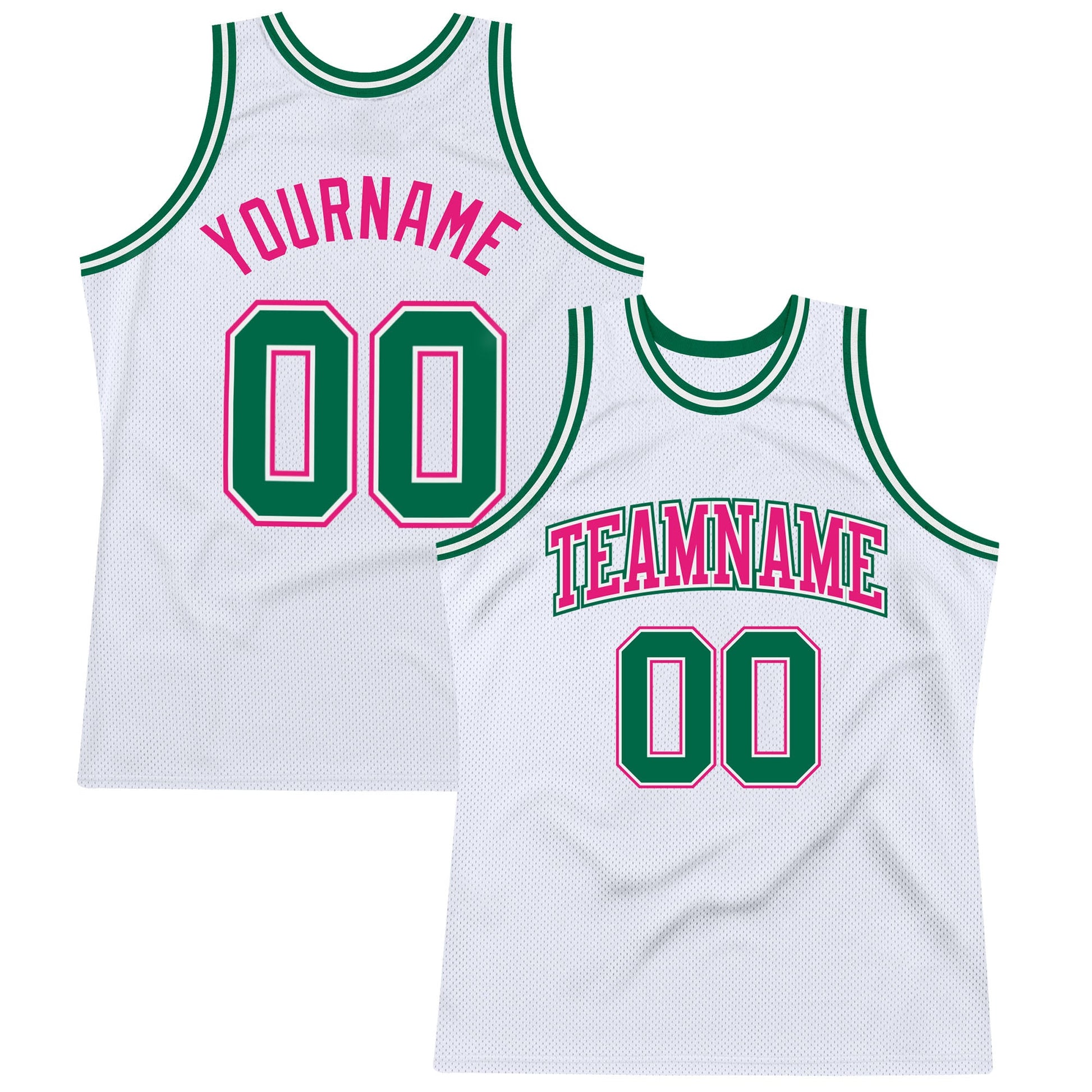 Custom White Kelly Green-Hot Pink Authentic Throwback Basketball Jersey - Main View