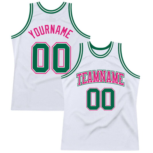 Custom White Kelly Green-Hot Pink Authentic Throwback Basketball Jersey - Main View