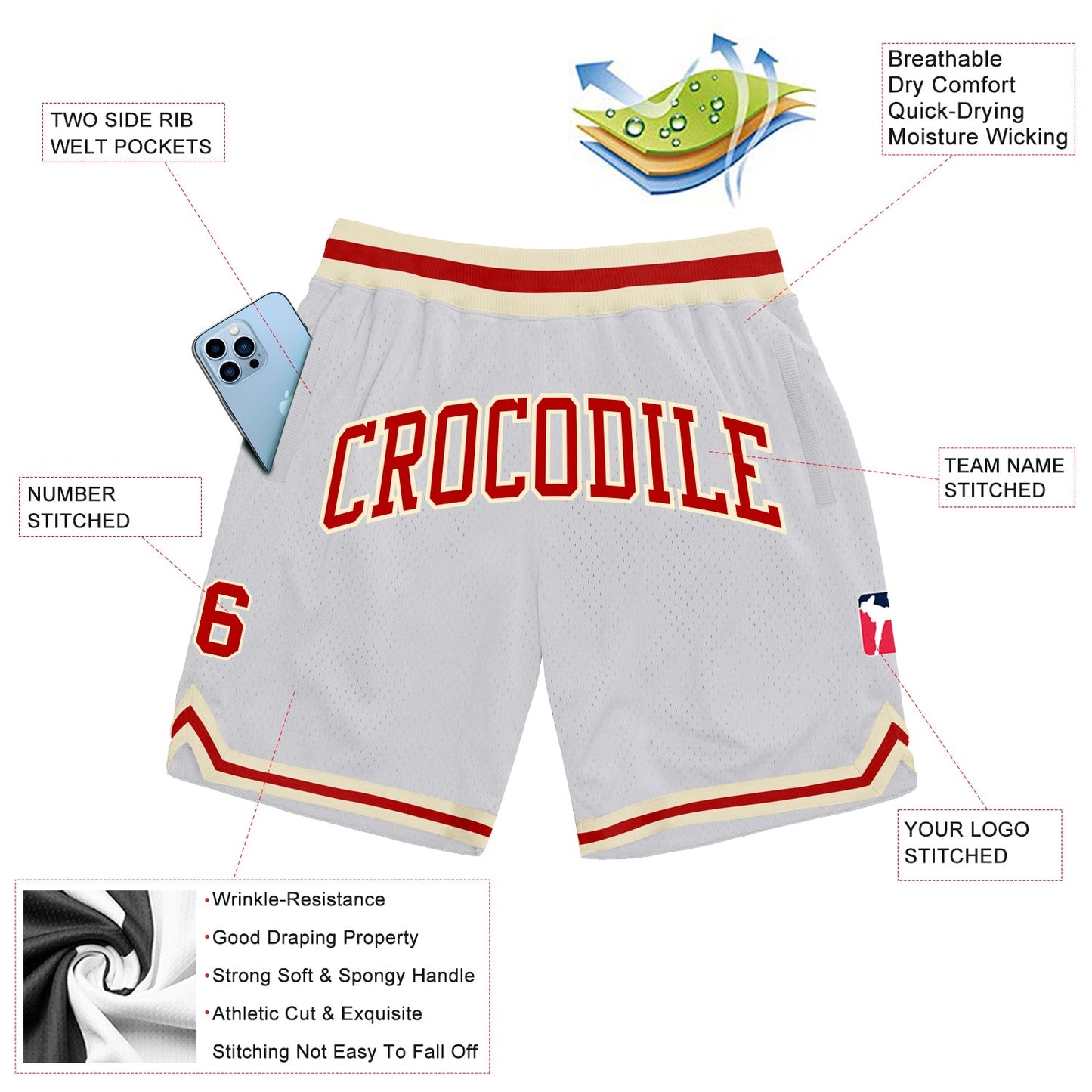 Custom White Red-Cream Authentic Throwback Basketball Shorts view 2