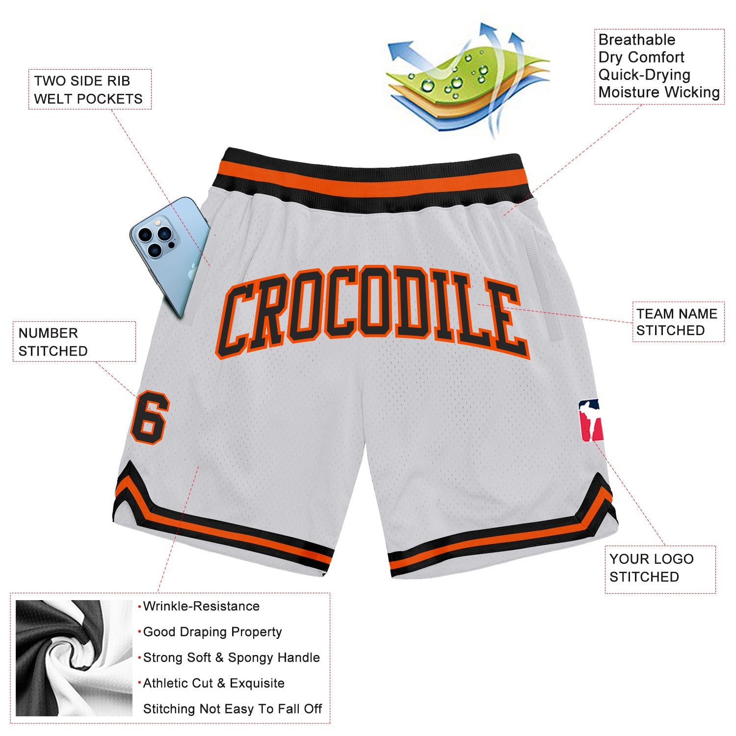 Custom White Black-Orange Authentic Throwback Basketball Shorts view 2