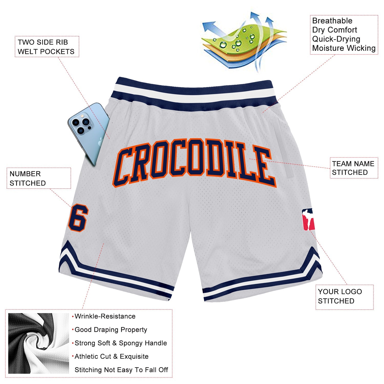 Custom White Navy-Orange Authentic Throwback Basketball Shorts view 2