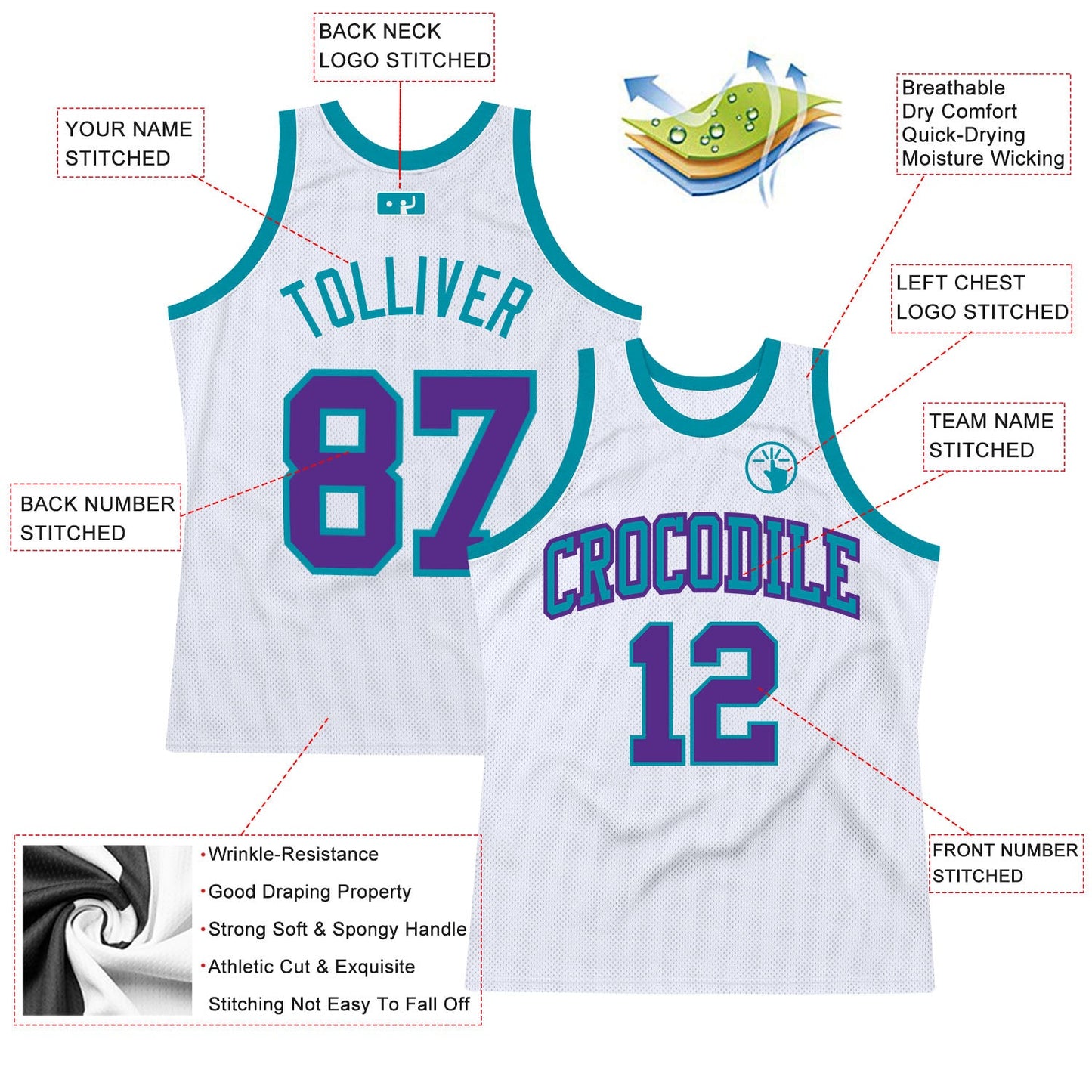 Custom White Purple-Teal Authentic Throwback Basketball Jersey view 2