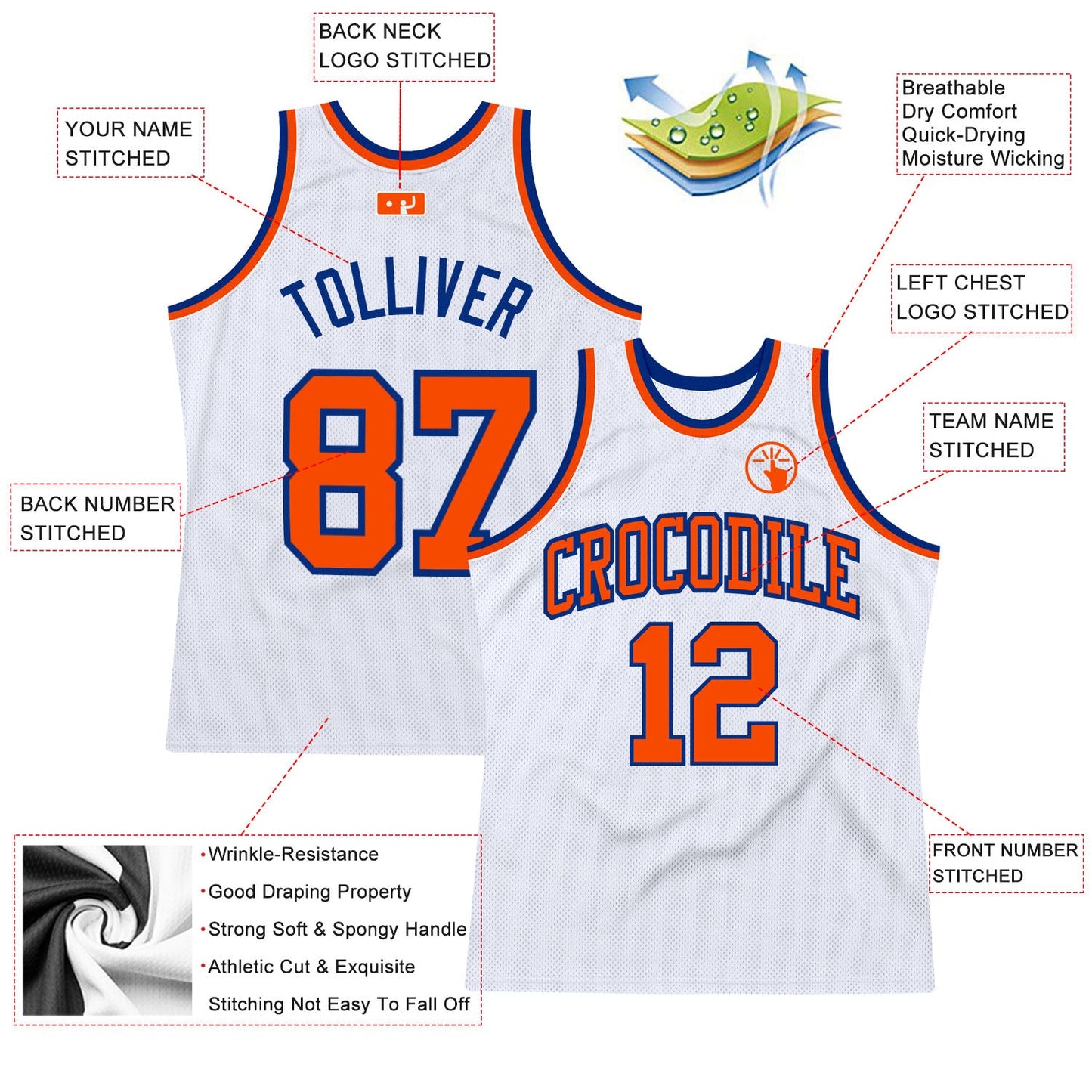 Custom White Orange-Royal Authentic Throwback Basketball Jersey view 2