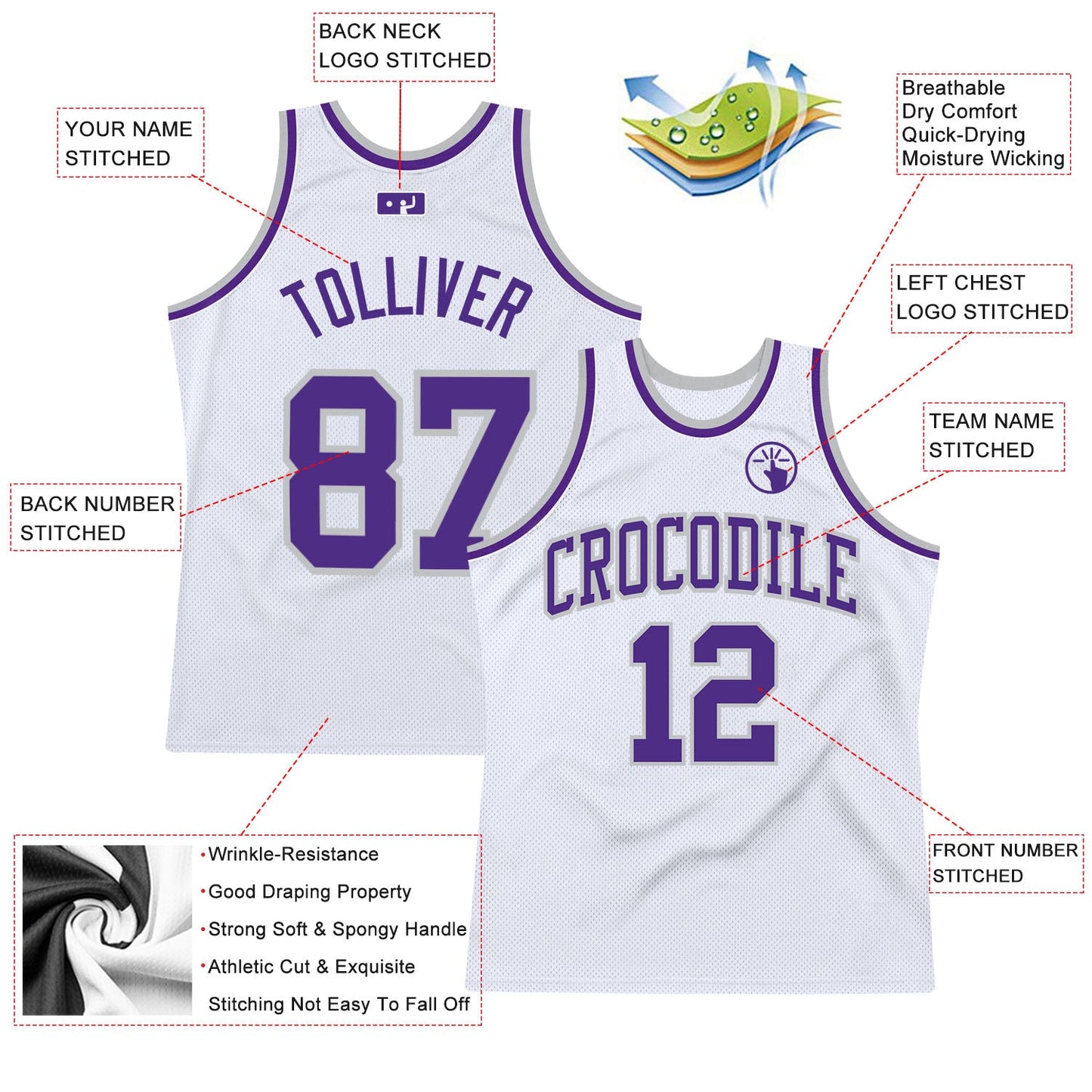 Custom White Purple-Gray Authentic Throwback Basketball Jersey view 2