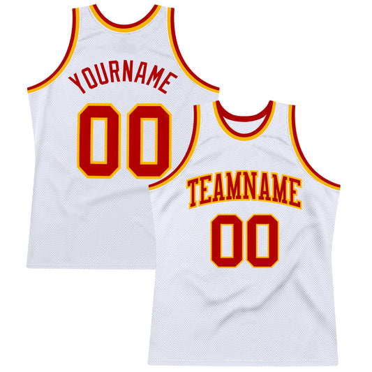 Custom White Red-Gold Authentic Throwback Basketball Jersey - Main View