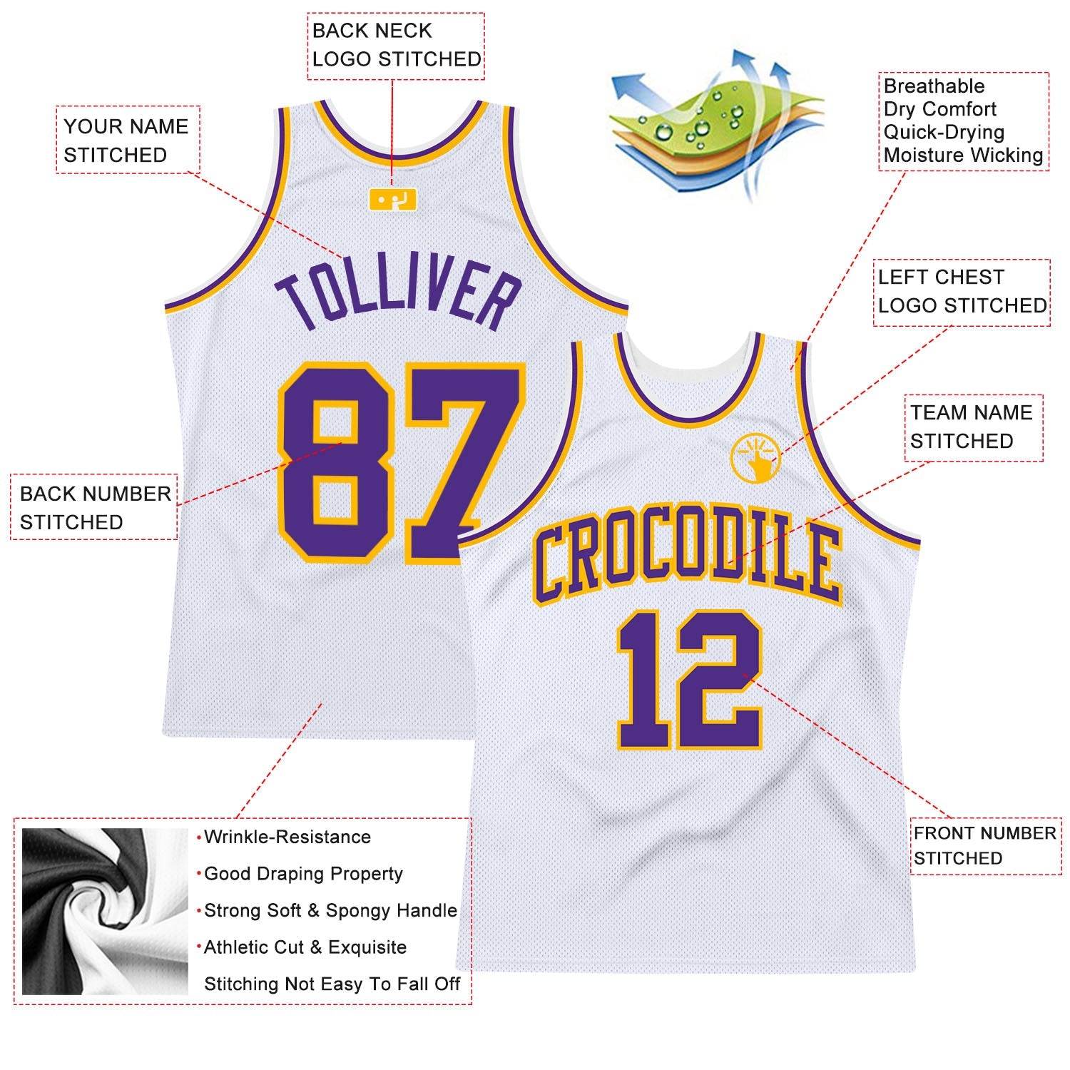 Custom White Purple-Gold Authentic Throwback Basketball Jersey view 2