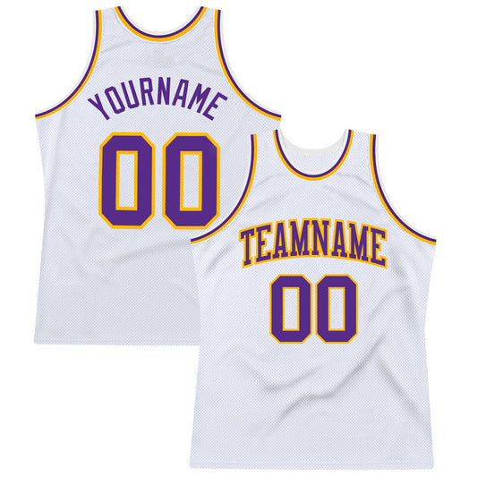 Custom White Purple-Gold Authentic Throwback Basketball Jersey - Main View