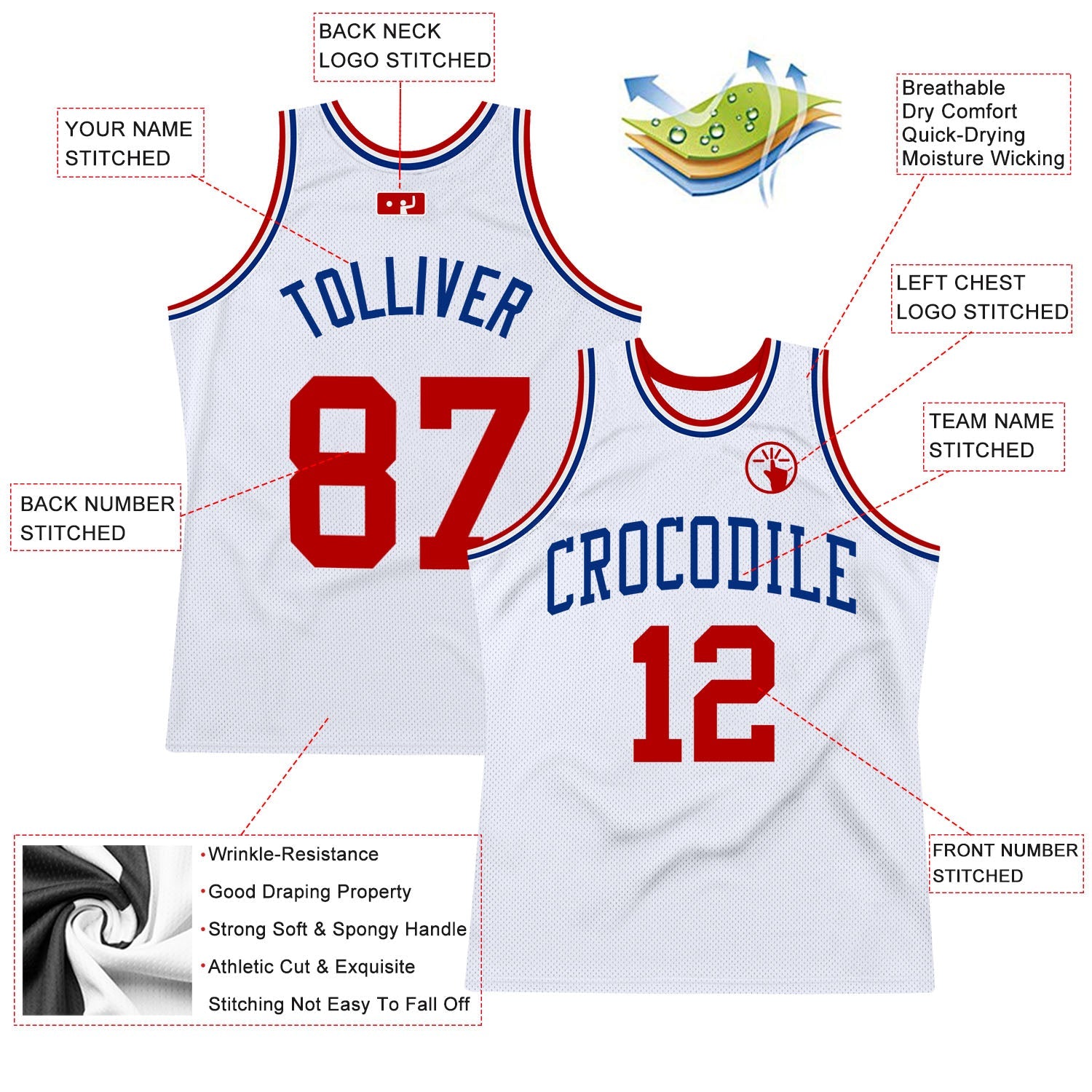 Custom White Red-Royal Authentic Throwback Basketball Jersey view 2