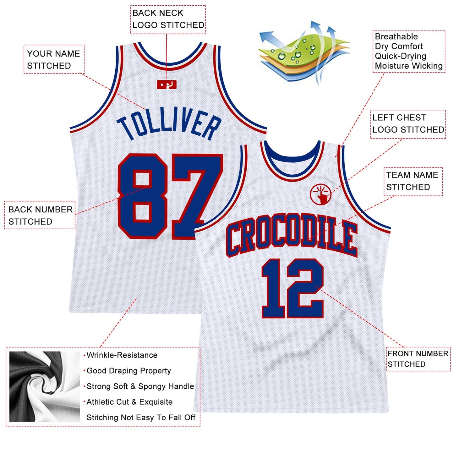 Custom White Royal-Red Authentic Throwback Basketball Jersey view 2