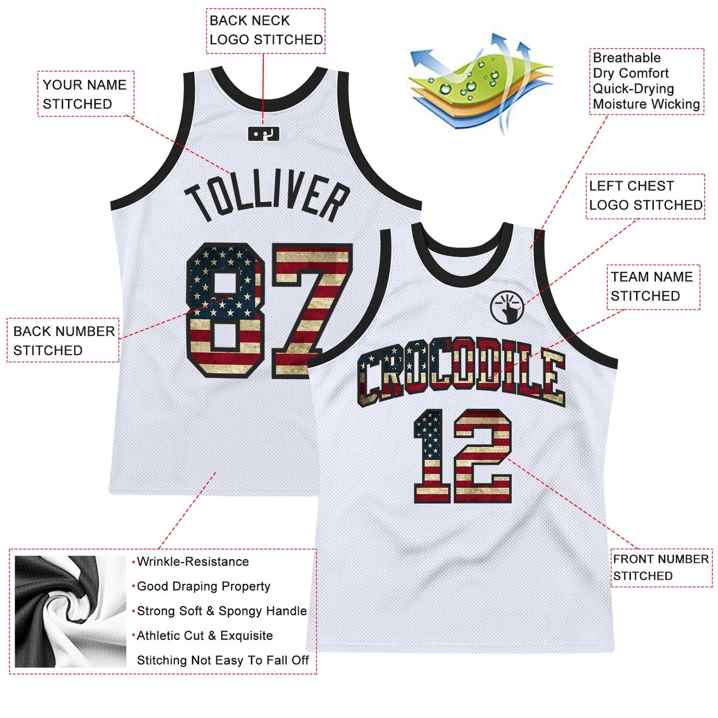 Custom White Vintage USA Flag-Black Authentic Throwback Basketball Jersey view 2