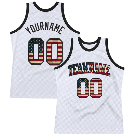 Custom White Vintage USA Flag-Black Authentic Throwback Basketball Jersey - Main View