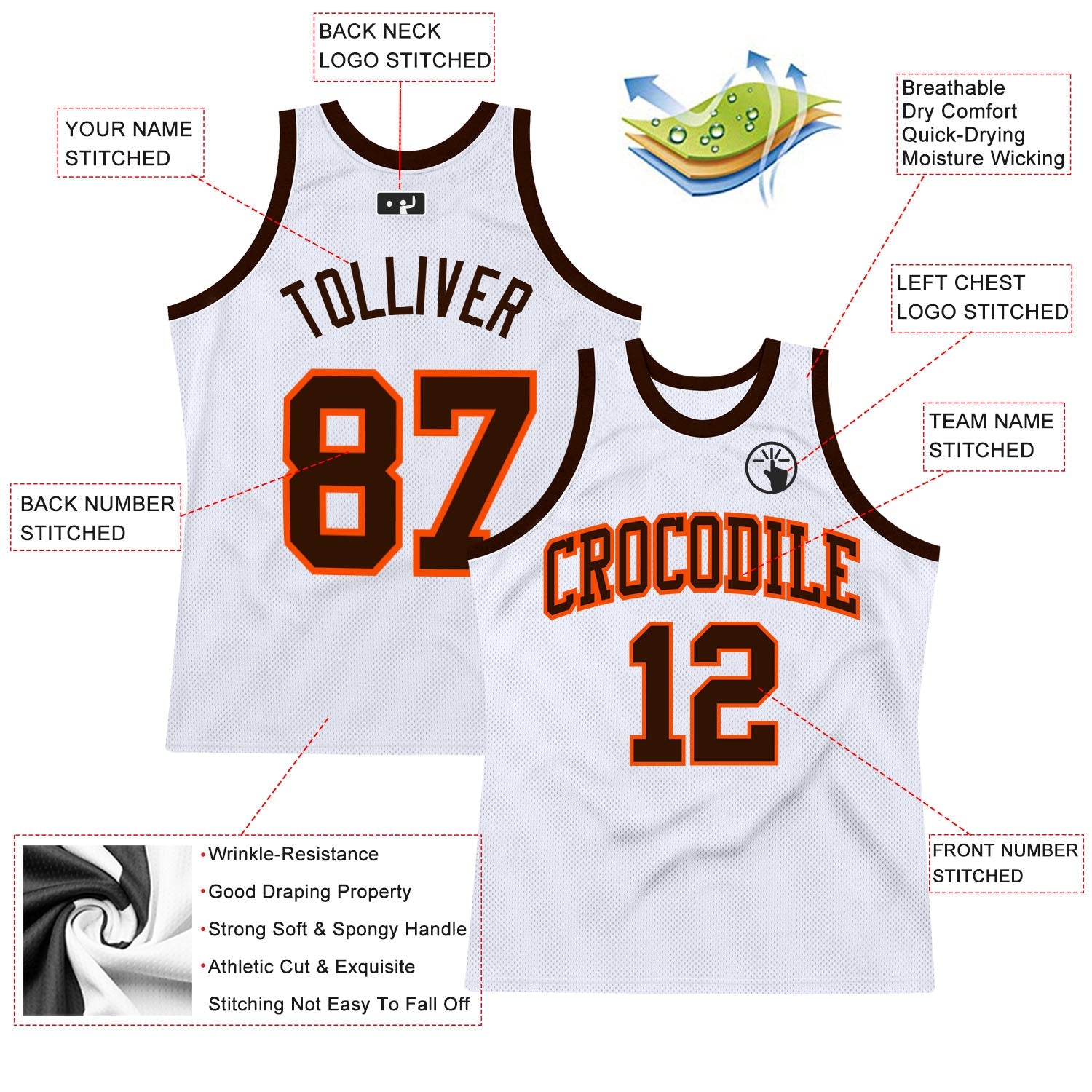 Custom White Brown-Orange Authentic Throwback Basketball Jersey view 2