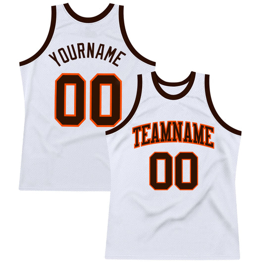Custom White Brown-Orange Authentic Throwback Basketball Jersey - Main View