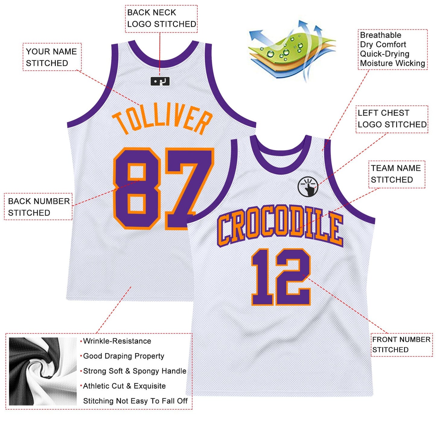 Custom White Purple-Bay Orange Authentic Throwback Basketball Jersey view 2