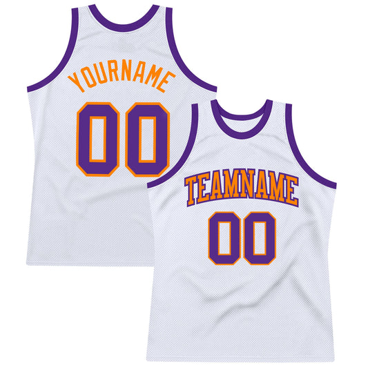 Custom White Purple-Bay Orange Authentic Throwback Basketball Jersey - Main View