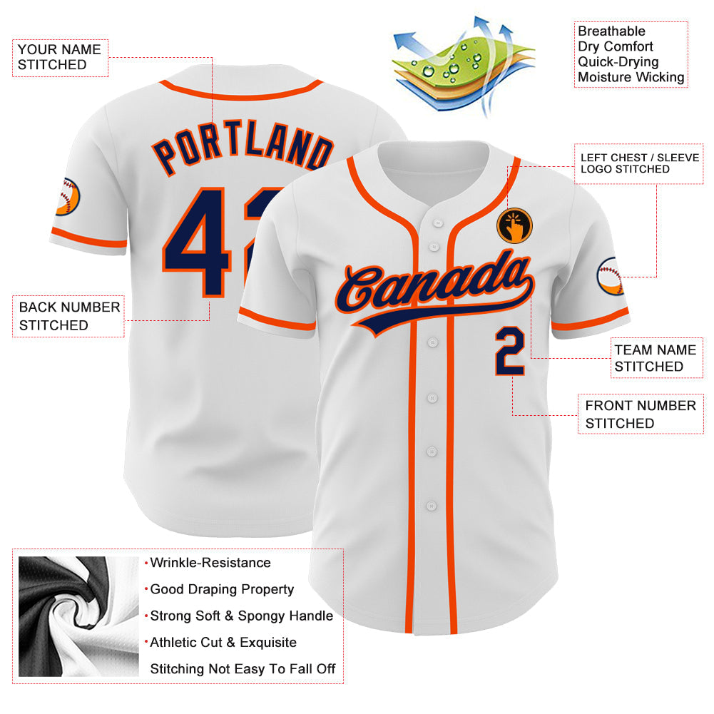 Custom White Navy-Orange Authentic Baseball Jersey view 3