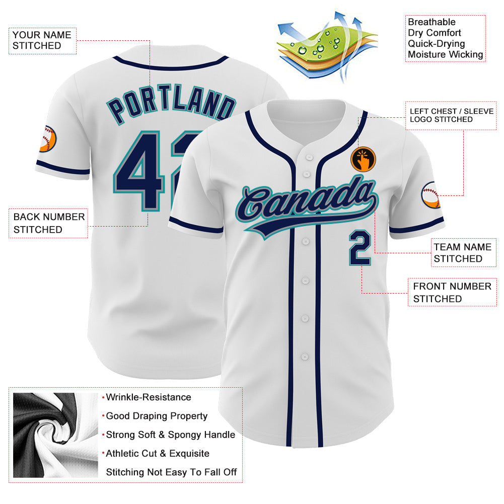 Custom White Navy Gray-Teal Authentic Baseball Jersey view 3