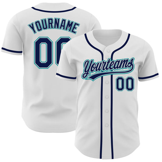 Custom White Navy Gray-Teal Authentic Baseball Jersey - Main View