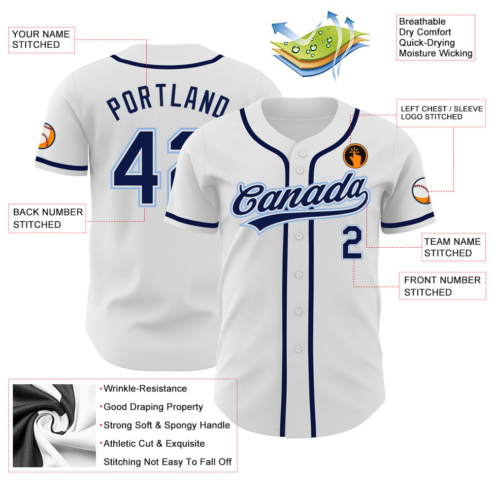 Custom White Navy-Light Blue Authentic Baseball Jersey view 3