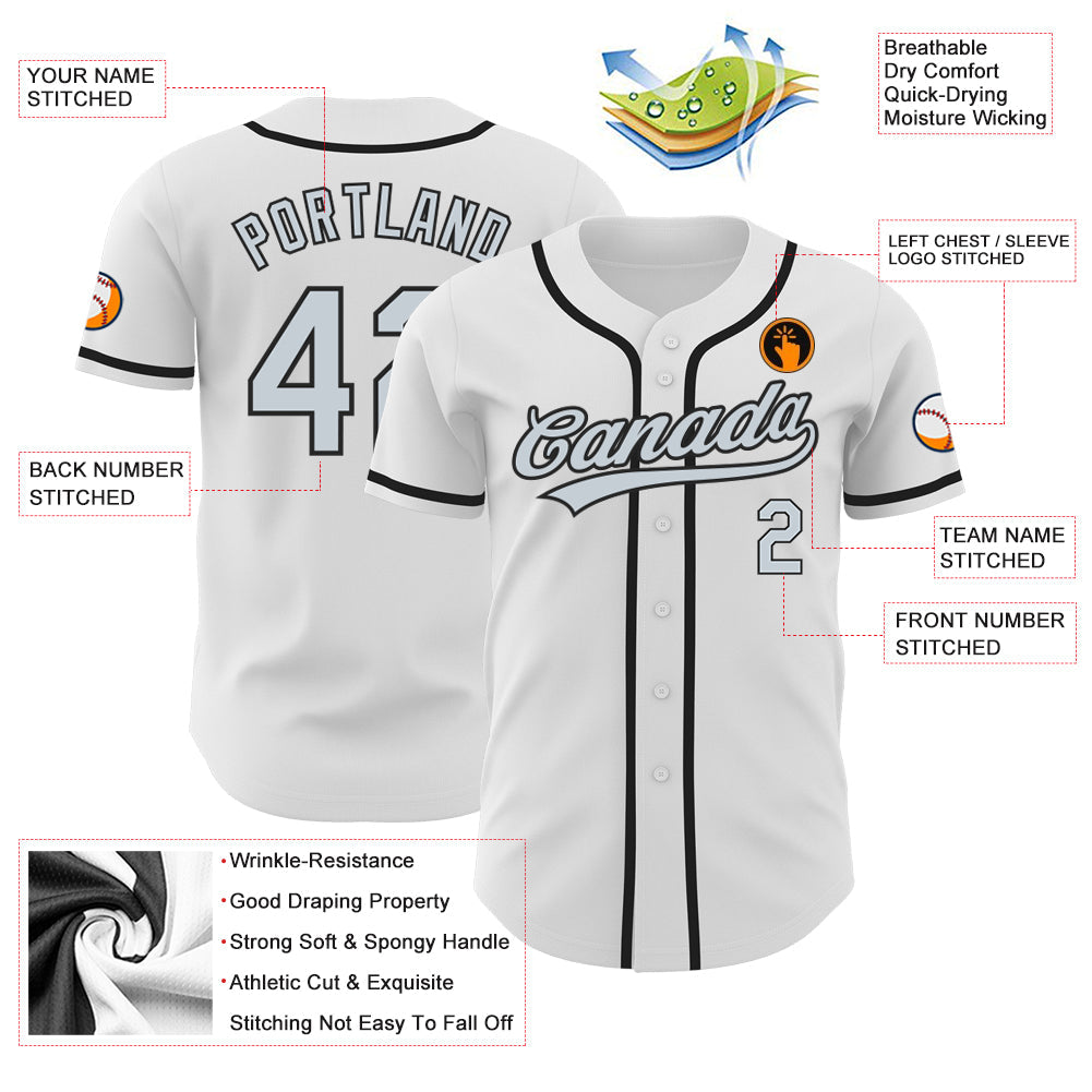 Custom White Silver-Black Authentic Baseball Jersey view 3
