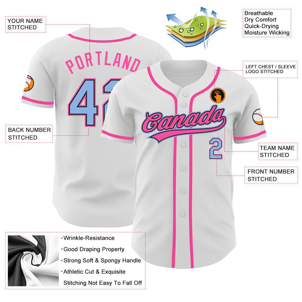 Custom White Light Blue Black-Pink Authentic Baseball Jersey view 3