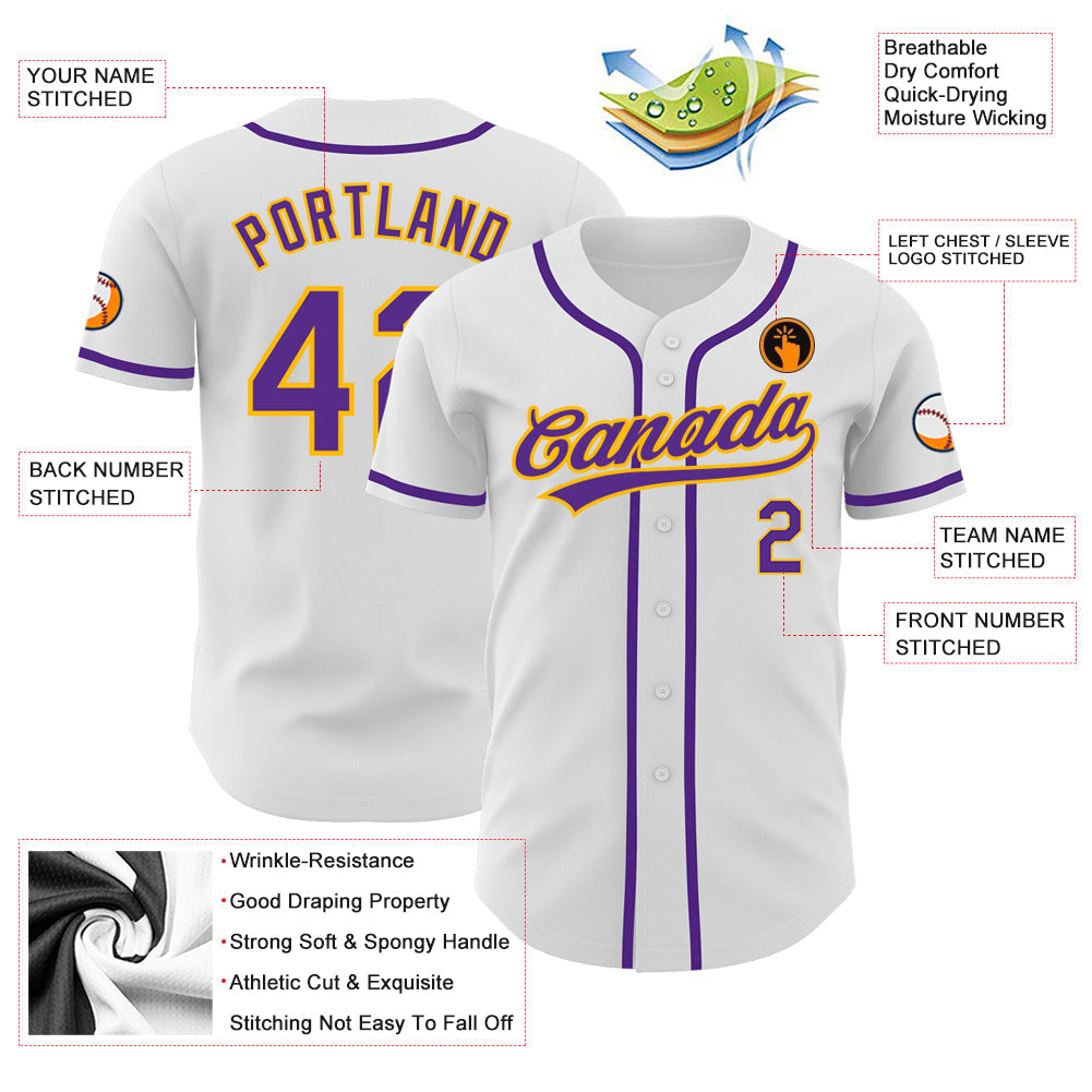 Custom White Purple-Gold Authentic Baseball Jersey view 3