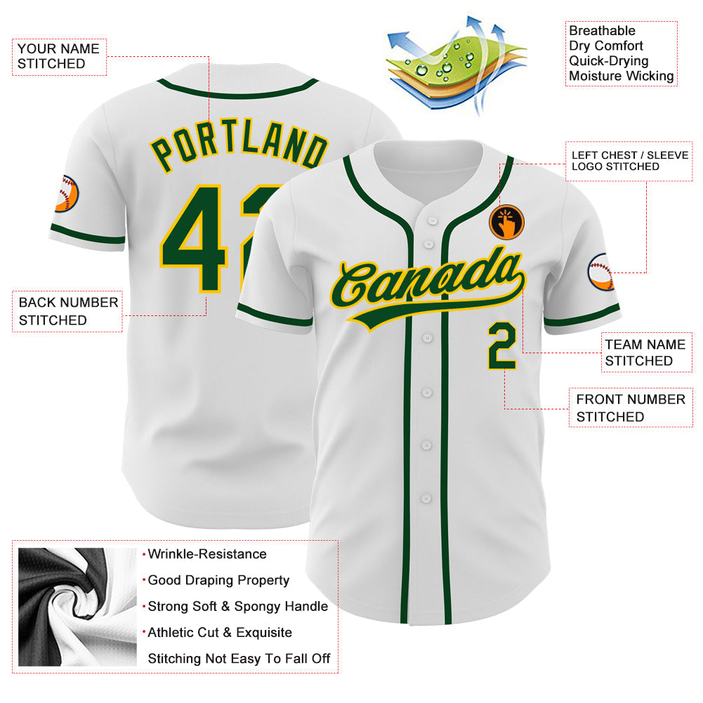 Custom White Green-Gold Authentic Baseball Jersey view 3