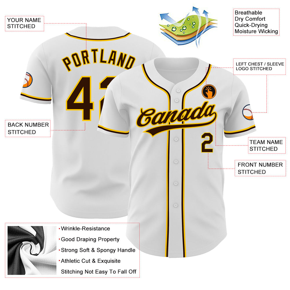 Custom White Brown-Gold Authentic Baseball Jersey view 3
